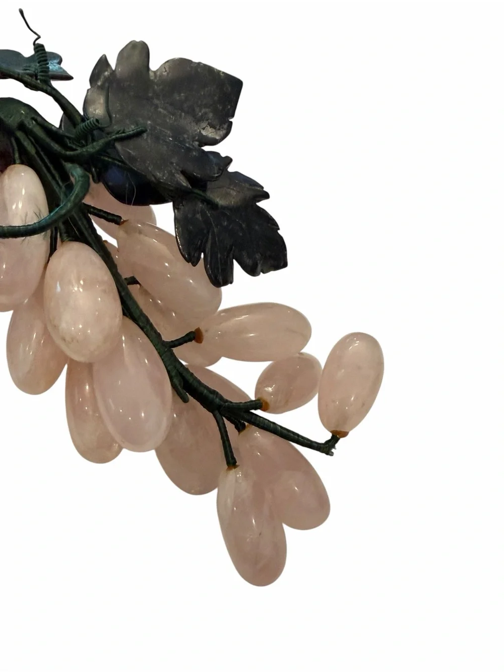 Pink Rose Quartz Grape Cluster Green Jade Stone Leaves MCM Decor Mid Century